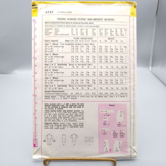 Vintage Sewing PATTERN Simplicity 6161, Misses 1973 Blouse, Size 12 - Picture 2 of 2